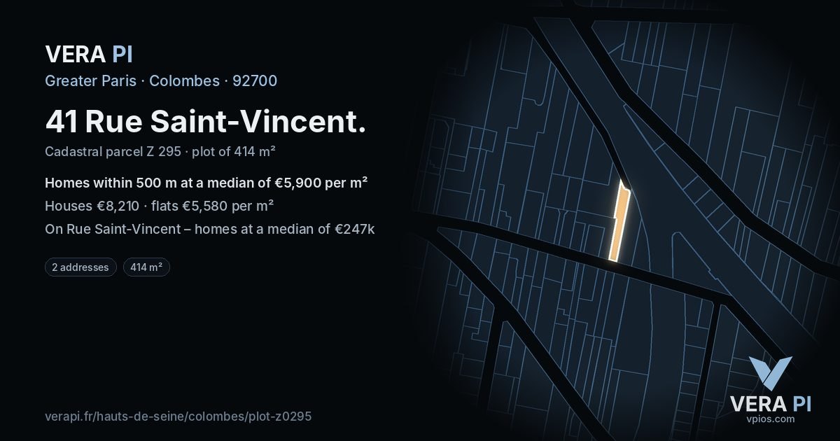 41 Rue Saint-Vincent, Colombes at night – the plot lit, the parcels around coloured by the prices near them