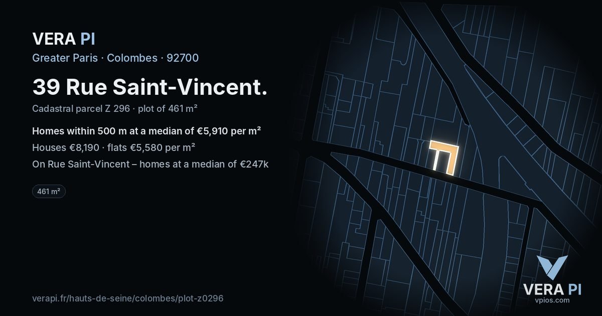 39 Rue Saint-Vincent, Colombes at night – the plot lit, the parcels around coloured by the prices near them