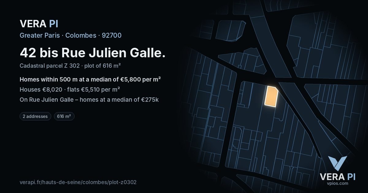 42 bis Rue Julien Galle, Colombes at night – the plot lit, the parcels around coloured by the prices near them