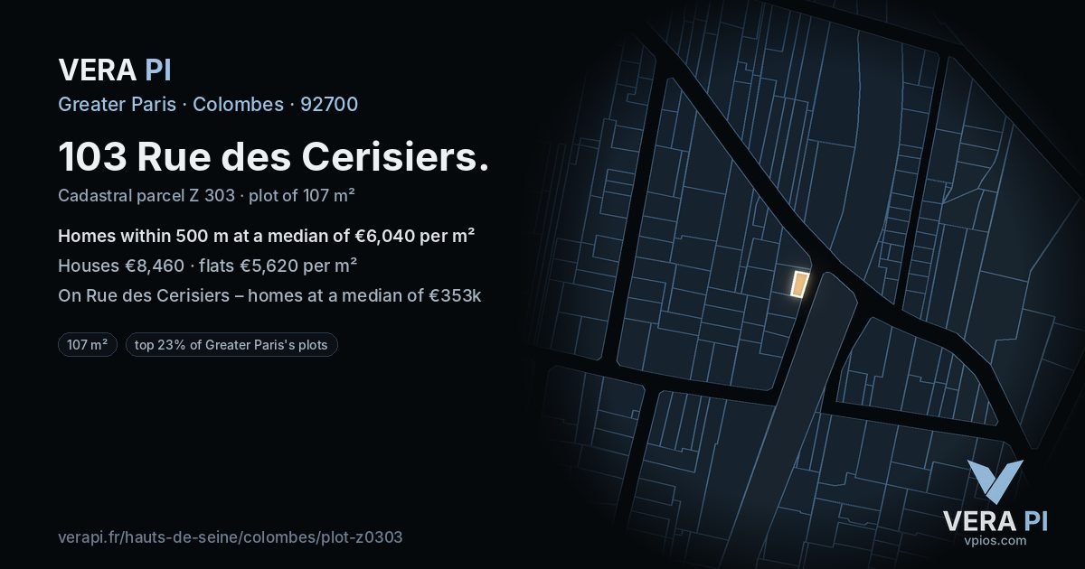 103 Rue des Cerisiers, Colombes at night – the plot lit, the parcels around coloured by the prices near them