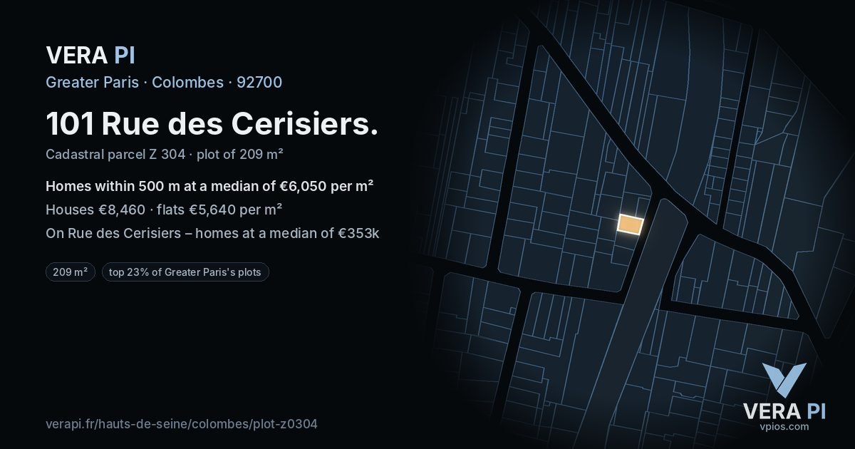 101 Rue des Cerisiers, Colombes at night – the plot lit, the parcels around coloured by the prices near them