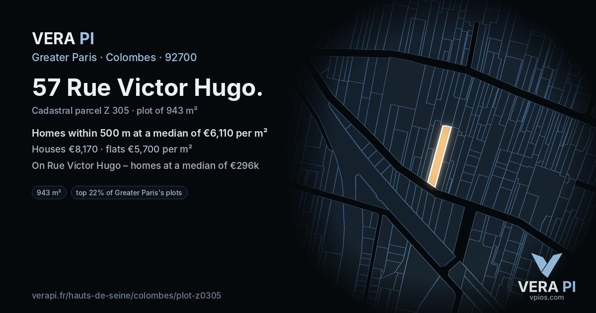 57 Rue Victor Hugo, Colombes at night – the plot lit, the parcels around coloured by the prices near them