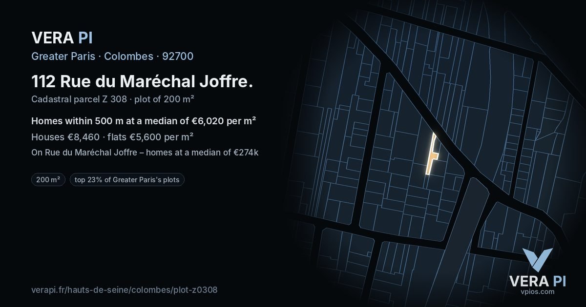112 Rue du Maréchal Joffre, Colombes at night – the plot lit, the parcels around coloured by the prices near them