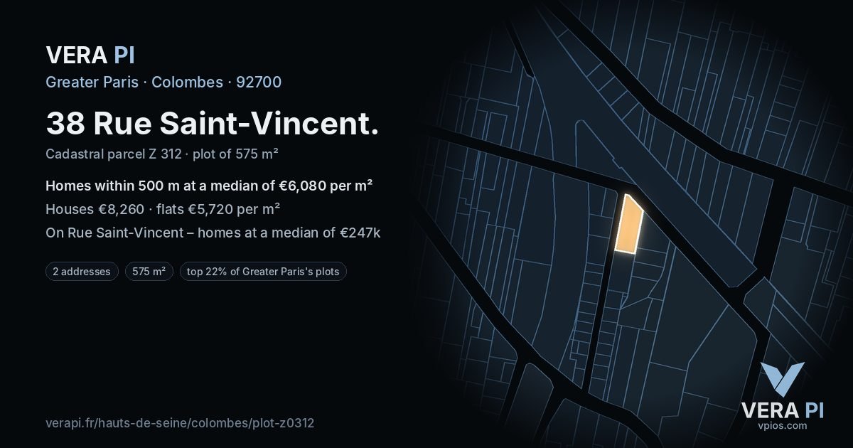 38 Rue Saint-Vincent, Colombes at night – the plot lit, the parcels around coloured by the prices near them