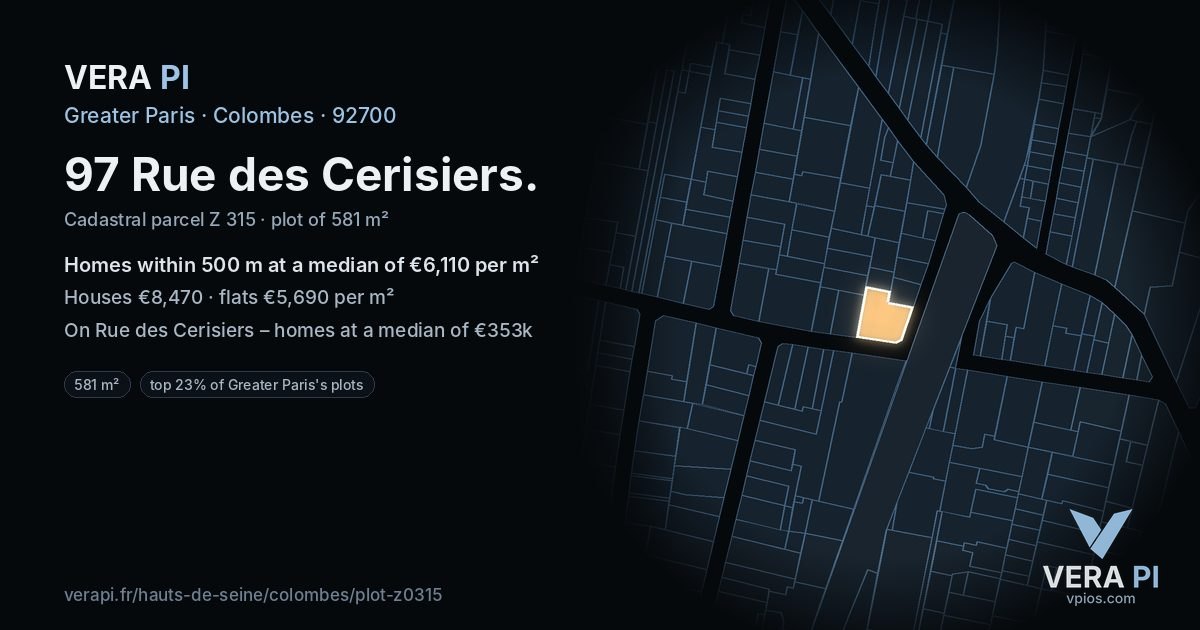 97 Rue des Cerisiers, Colombes at night – the plot lit, the parcels around coloured by the prices near them
