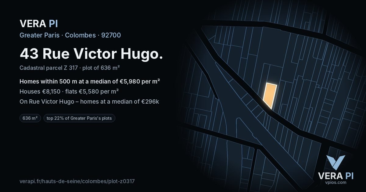43 Rue Victor Hugo, Colombes at night – the plot lit, the parcels around coloured by the prices near them