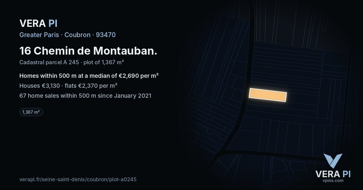 16 Chemin de Montauban, Coubron at night – the plot lit, the parcels around coloured by the prices near them