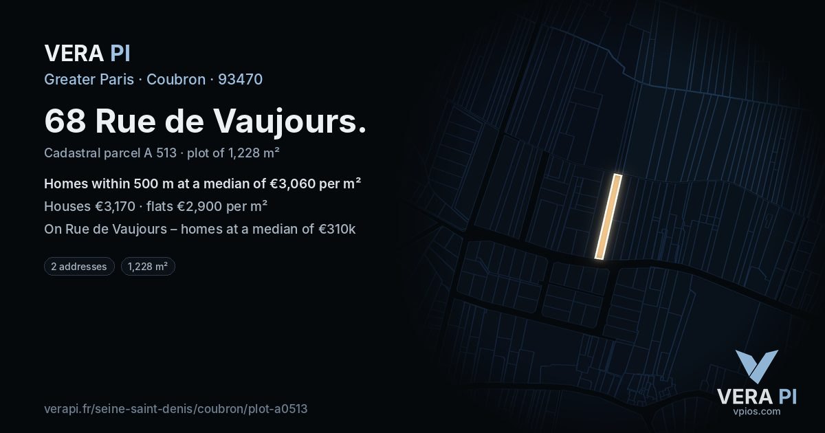 68 Rue de Vaujours, Coubron at night – the plot lit, the parcels around coloured by the prices near them