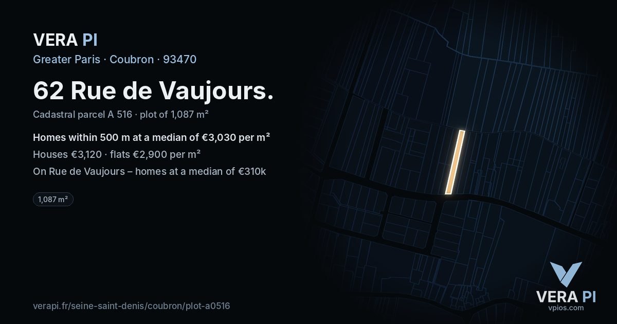 62 Rue de Vaujours, Coubron at night – the plot lit, the parcels around coloured by the prices near them