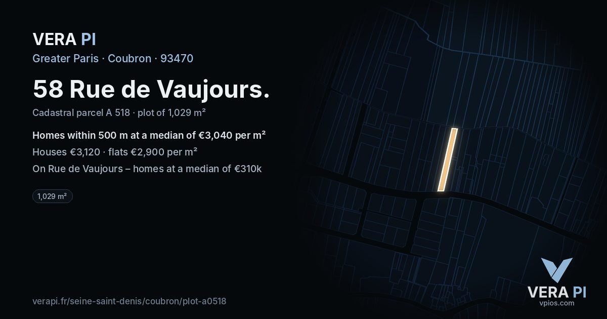 58 Rue de Vaujours, Coubron at night – the plot lit, the parcels around coloured by the prices near them