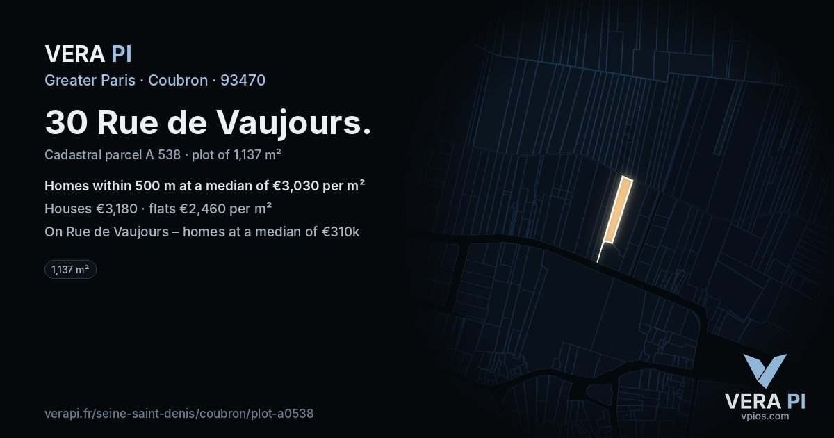 30 Rue de Vaujours, Coubron at night – the plot lit, the parcels around coloured by the prices near them