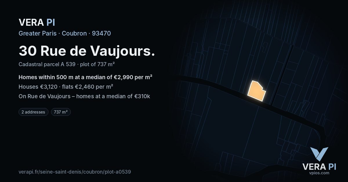 30 Rue de Vaujours, Coubron at night – the plot lit, the parcels around coloured by the prices near them