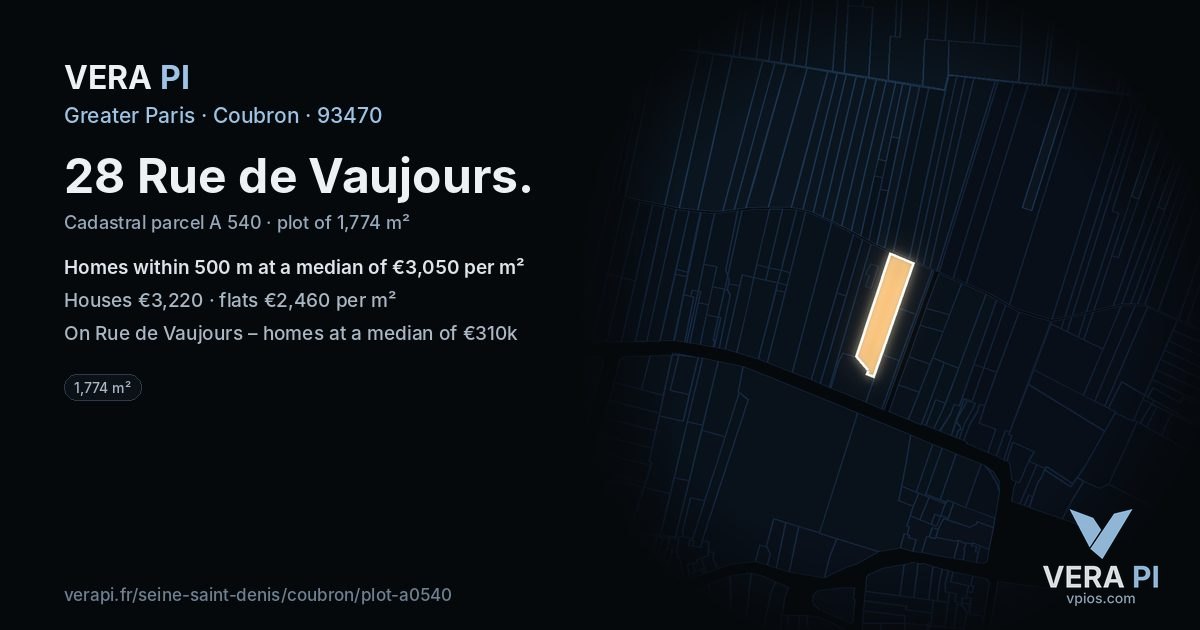 28 Rue de Vaujours, Coubron at night – the plot lit, the parcels around coloured by the prices near them