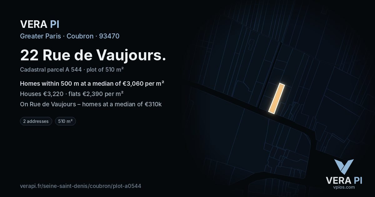 22 Rue de Vaujours, Coubron at night – the plot lit, the parcels around coloured by the prices near them