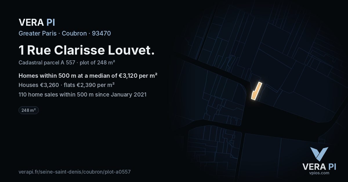 1 Rue Clarisse Louvet, Coubron at night – the plot lit, the parcels around coloured by the prices near them