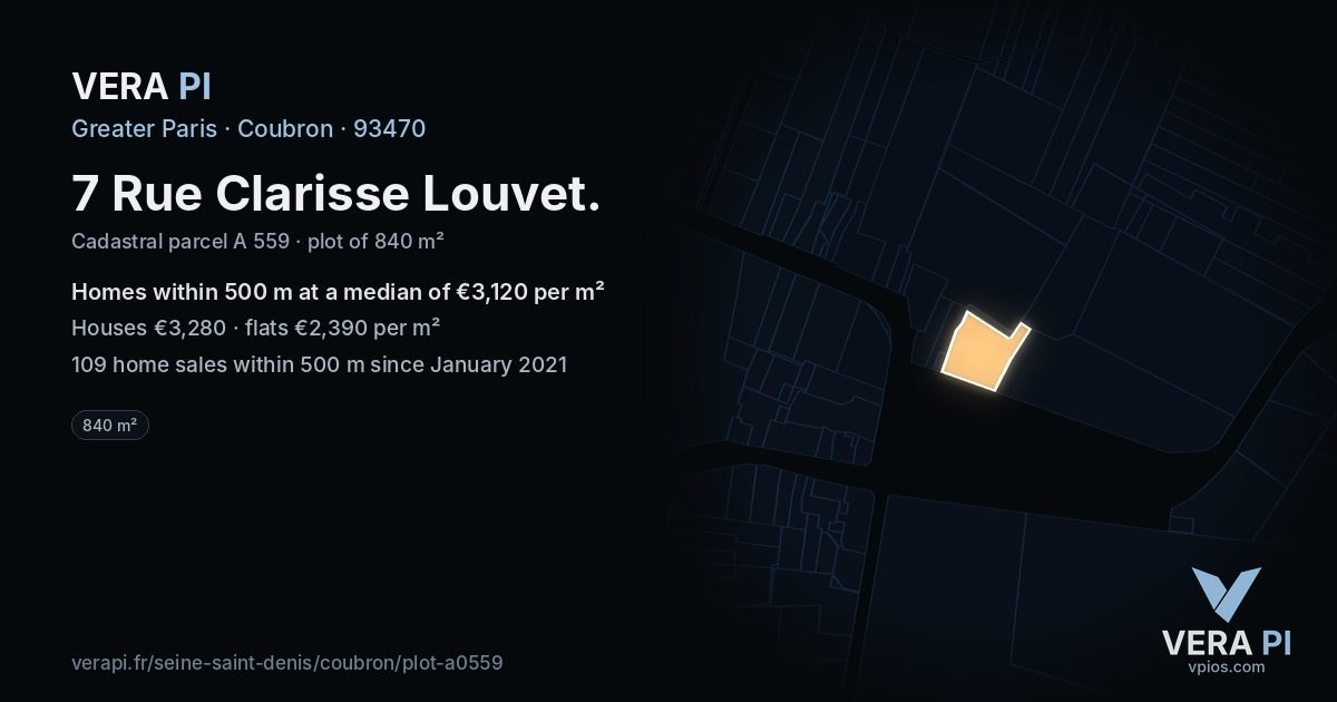 7 Rue Clarisse Louvet, Coubron at night – the plot lit, the parcels around coloured by the prices near them