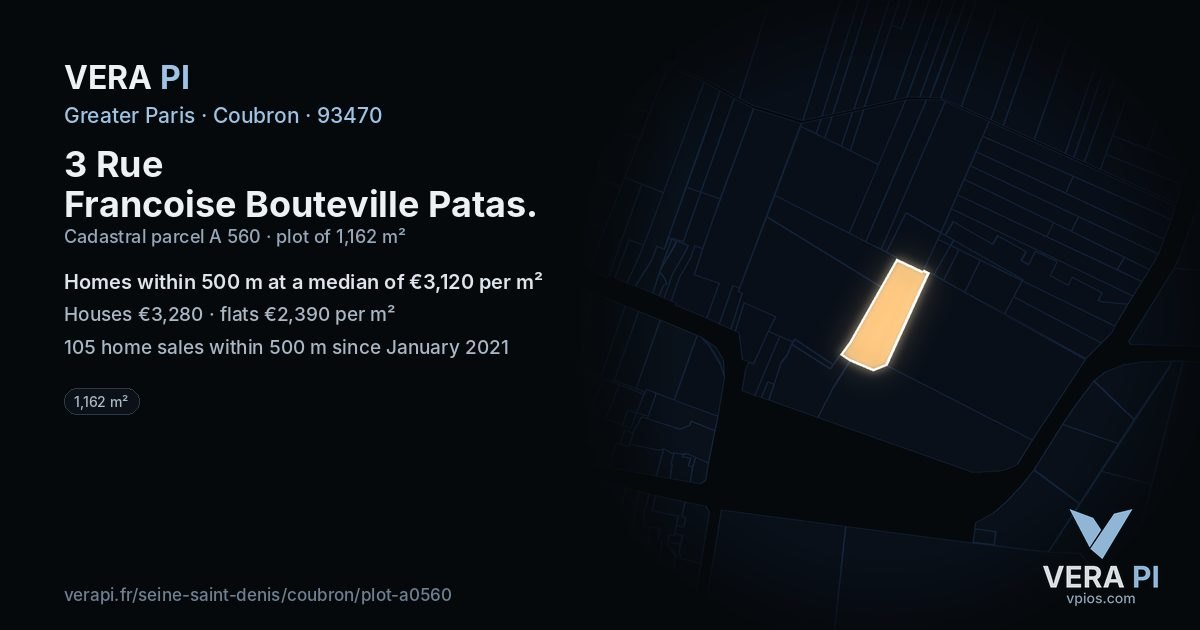 3 Rue Francoise Bouteville Patas, Coubron at night – the plot lit, the parcels around coloured by the prices near them