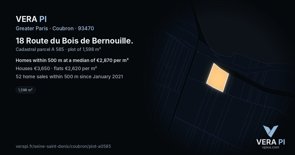 18 Route du Bois de Bernouille, Coubron at night – the plot lit, the parcels around coloured by the prices near them