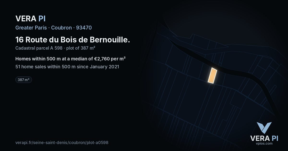 16 Route du Bois de Bernouille, Coubron at night – the plot lit, the parcels around coloured by the prices near them