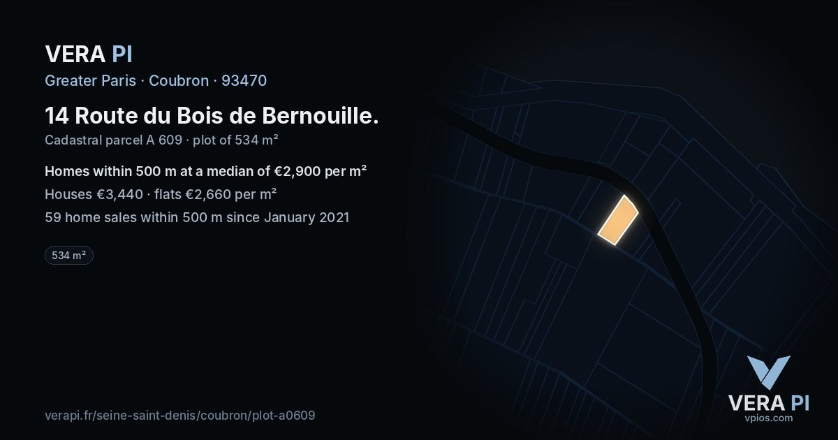 14 Route du Bois de Bernouille, Coubron at night – the plot lit, the parcels around coloured by the prices near them