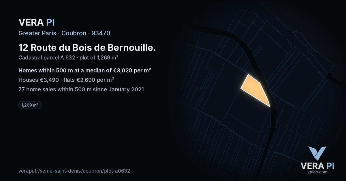 12 Route du Bois de Bernouille, Coubron at night – the plot lit, the parcels around coloured by the prices near them