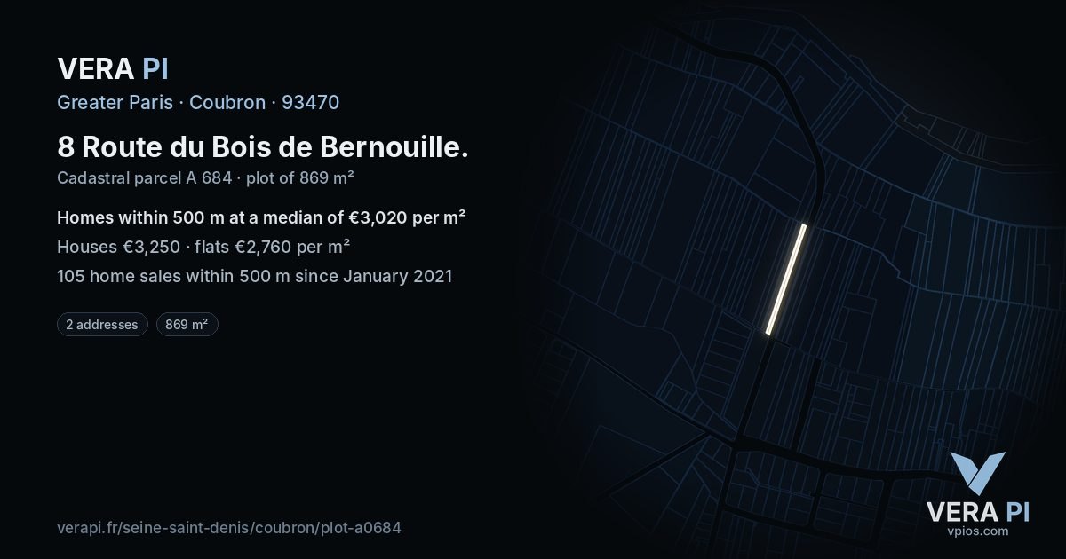 8 Route du Bois de Bernouille, Coubron at night – the plot lit, the parcels around coloured by the prices near them