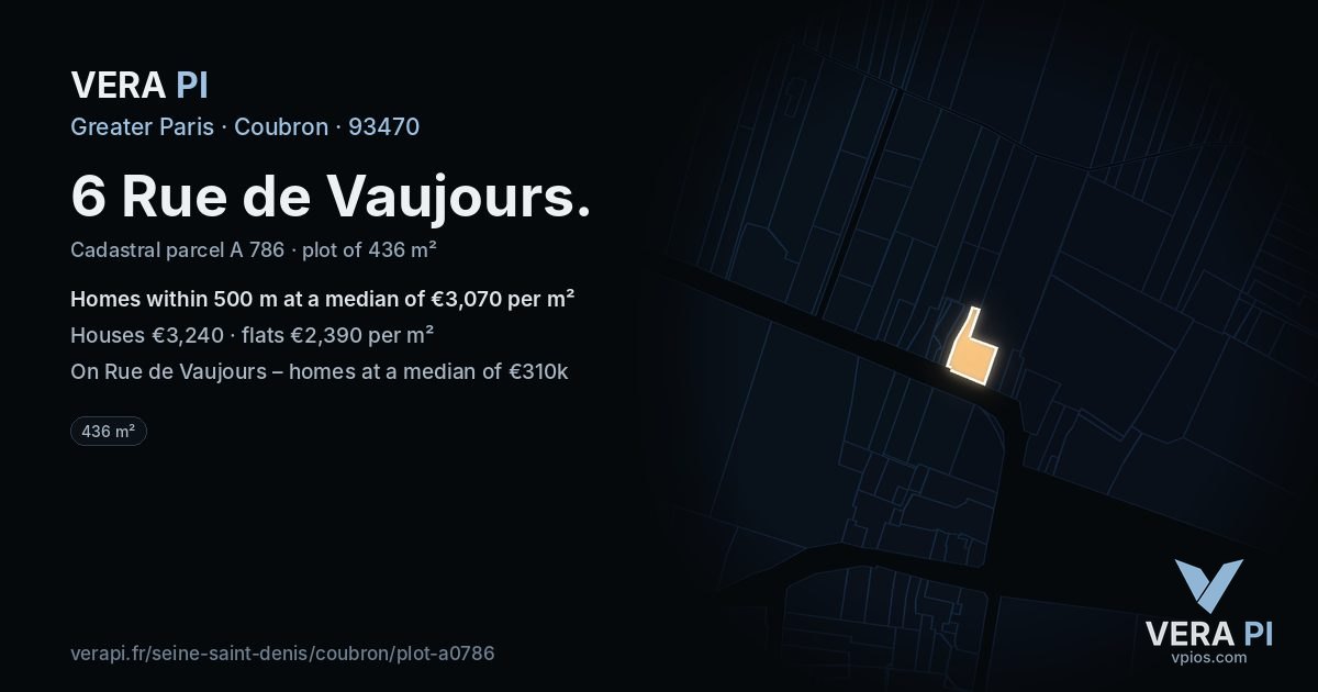 6 Rue de Vaujours, Coubron at night – the plot lit, the parcels around coloured by the prices near them