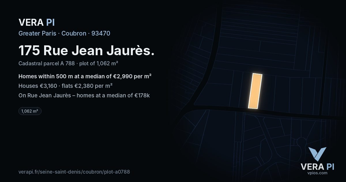 175 Rue Jean Jaurès, Coubron at night – the plot lit, the parcels around coloured by the prices near them