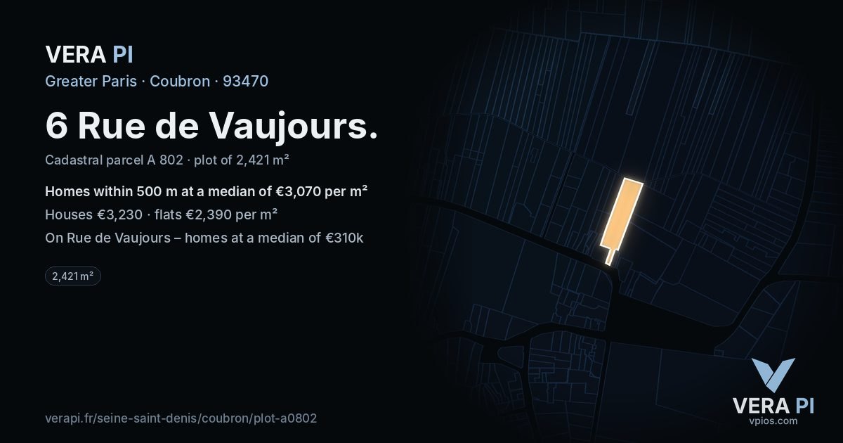 6 Rue de Vaujours, Coubron at night – the plot lit, the parcels around coloured by the prices near them