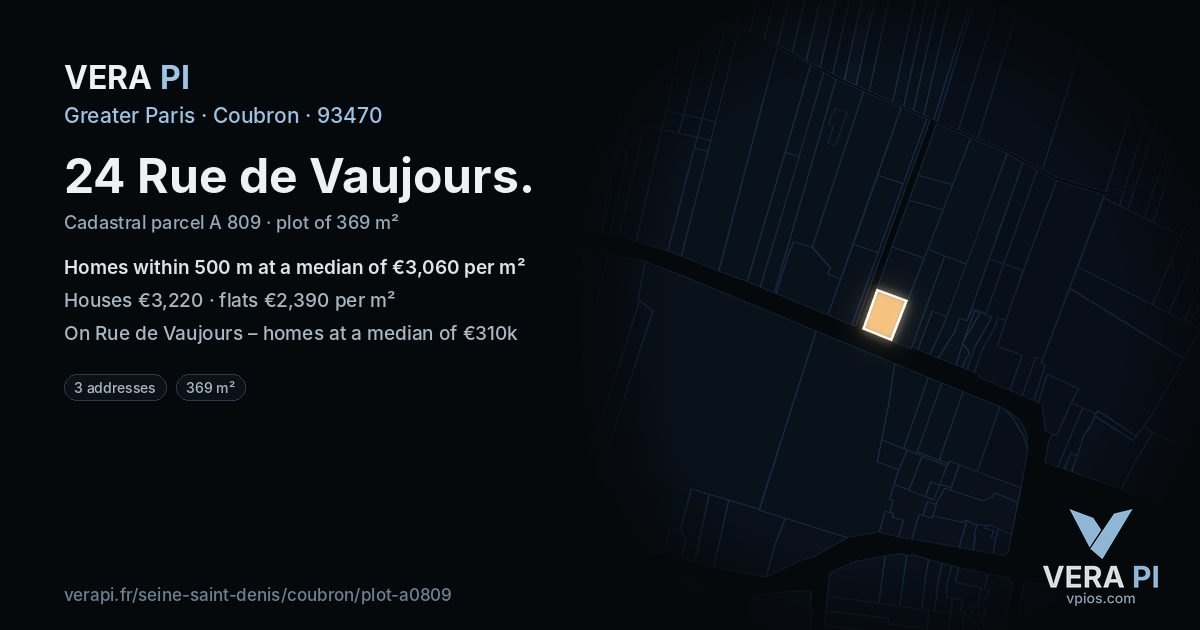 24 Rue de Vaujours, Coubron at night – the plot lit, the parcels around coloured by the prices near them