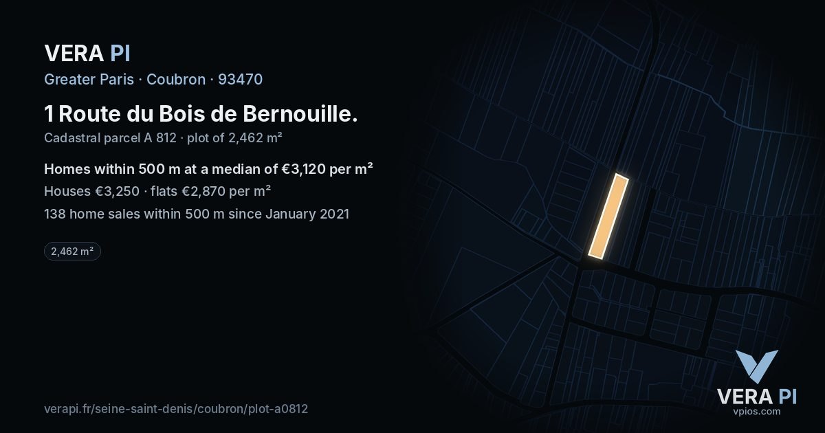 1 Route du Bois de Bernouille, Coubron at night – the plot lit, the parcels around coloured by the prices near them