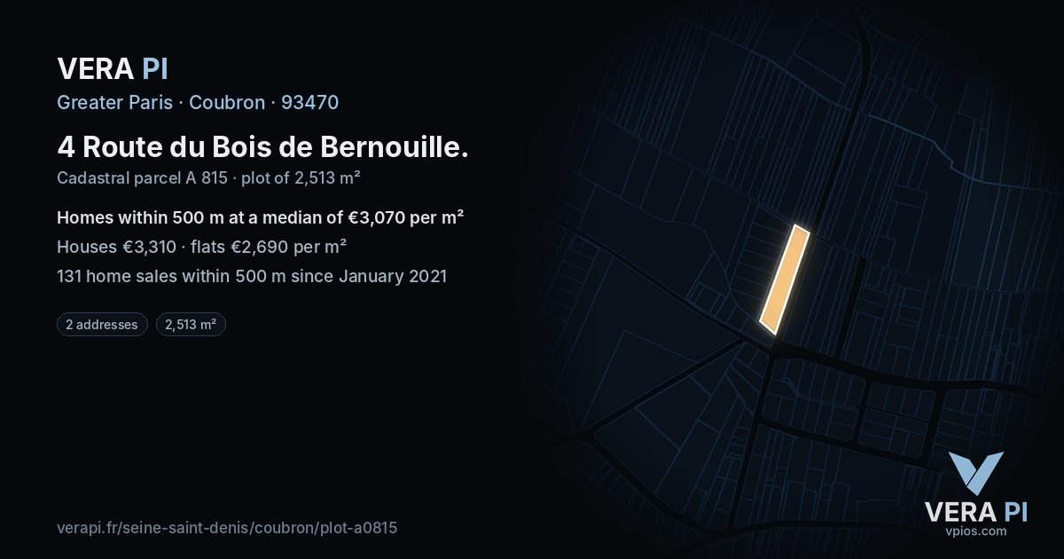 4 Route du Bois de Bernouille, Coubron at night – the plot lit, the parcels around coloured by the prices near them