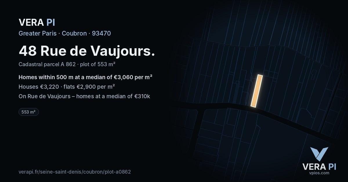 48 Rue de Vaujours, Coubron at night – the plot lit, the parcels around coloured by the prices near them