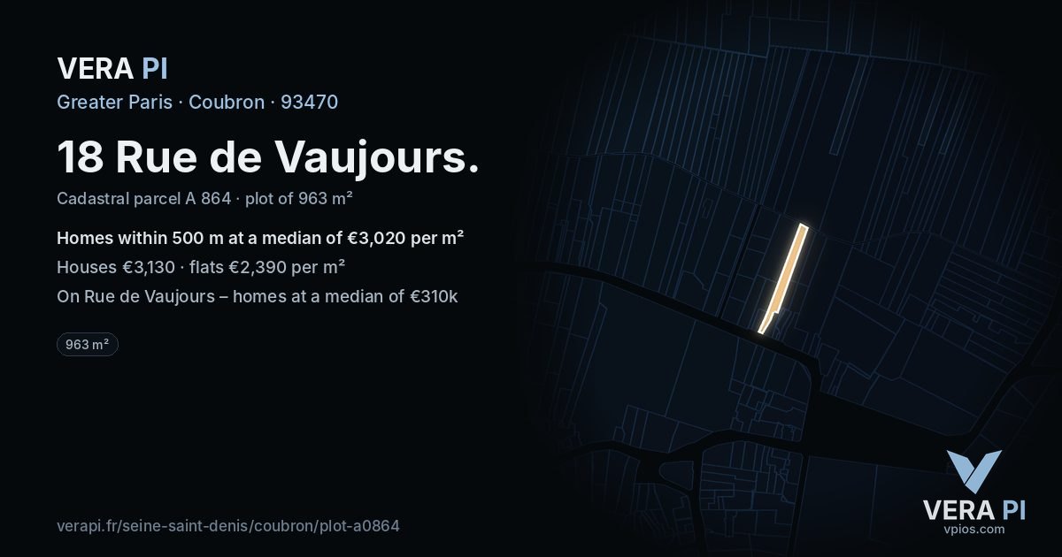 18 Rue de Vaujours, Coubron at night – the plot lit, the parcels around coloured by the prices near them