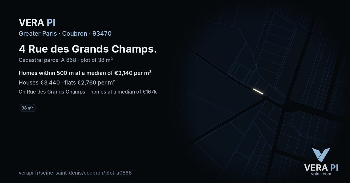 4 Rue des Grands Champs, Coubron at night – the plot lit, the parcels around coloured by the prices near them