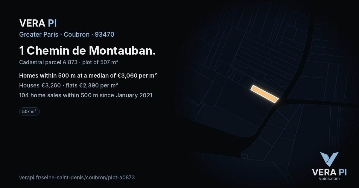 1 Chemin de Montauban, Coubron at night – the plot lit, the parcels around coloured by the prices near them