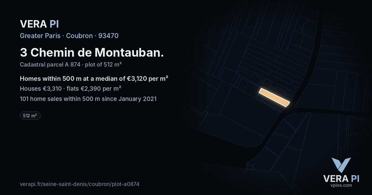 3 Chemin de Montauban, Coubron at night – the plot lit, the parcels around coloured by the prices near them