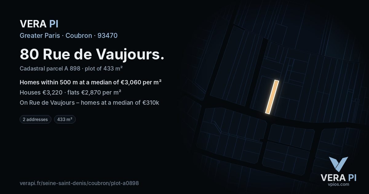 80 Rue de Vaujours, Coubron at night – the plot lit, the parcels around coloured by the prices near them