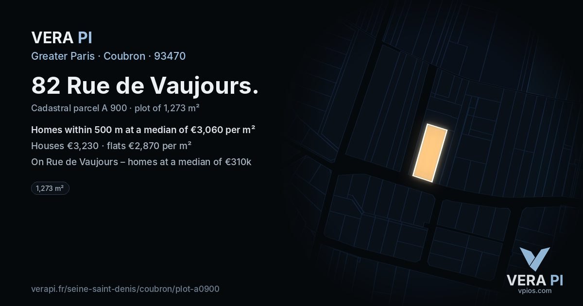 82 Rue de Vaujours, Coubron at night – the plot lit, the parcels around coloured by the prices near them
