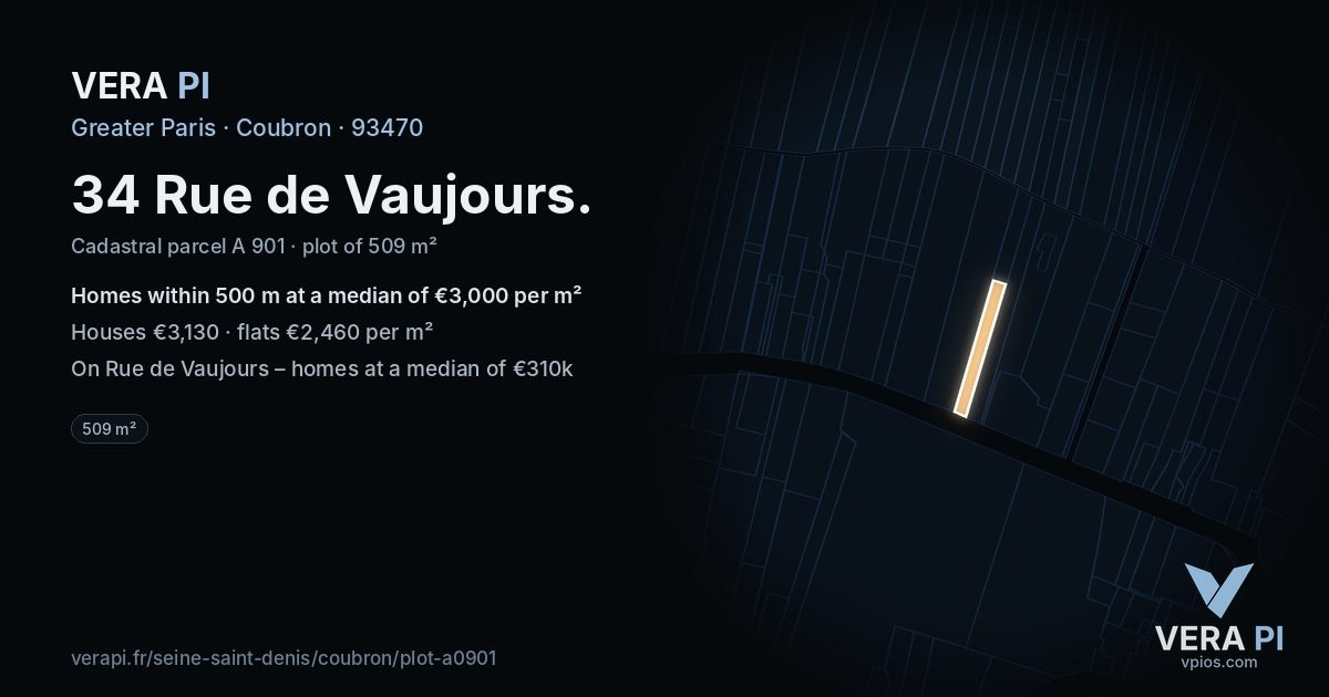 34 Rue de Vaujours, Coubron at night – the plot lit, the parcels around coloured by the prices near them