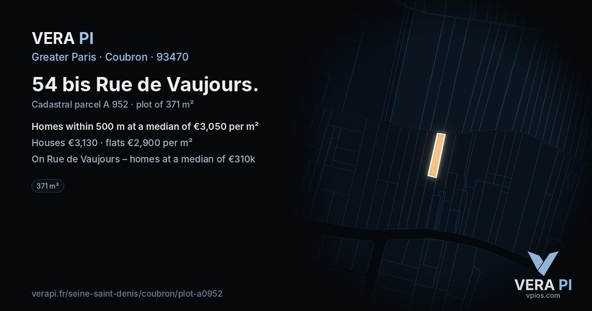 54 bis Rue de Vaujours, Coubron at night – the plot lit, the parcels around coloured by the prices near them