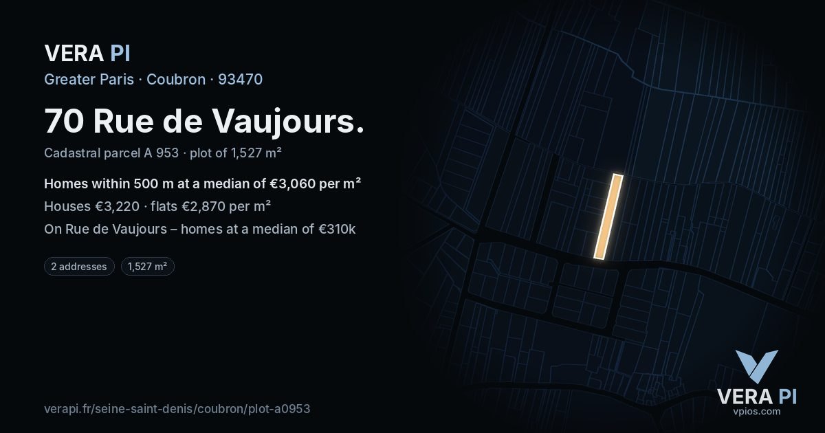 70 Rue de Vaujours, Coubron at night – the plot lit, the parcels around coloured by the prices near them