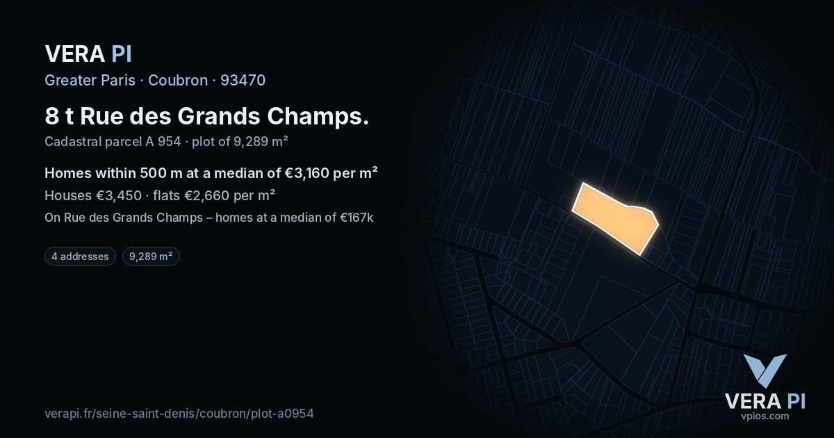 8 t Rue des Grands Champs, Coubron at night – the plot lit, the parcels around coloured by the prices near them