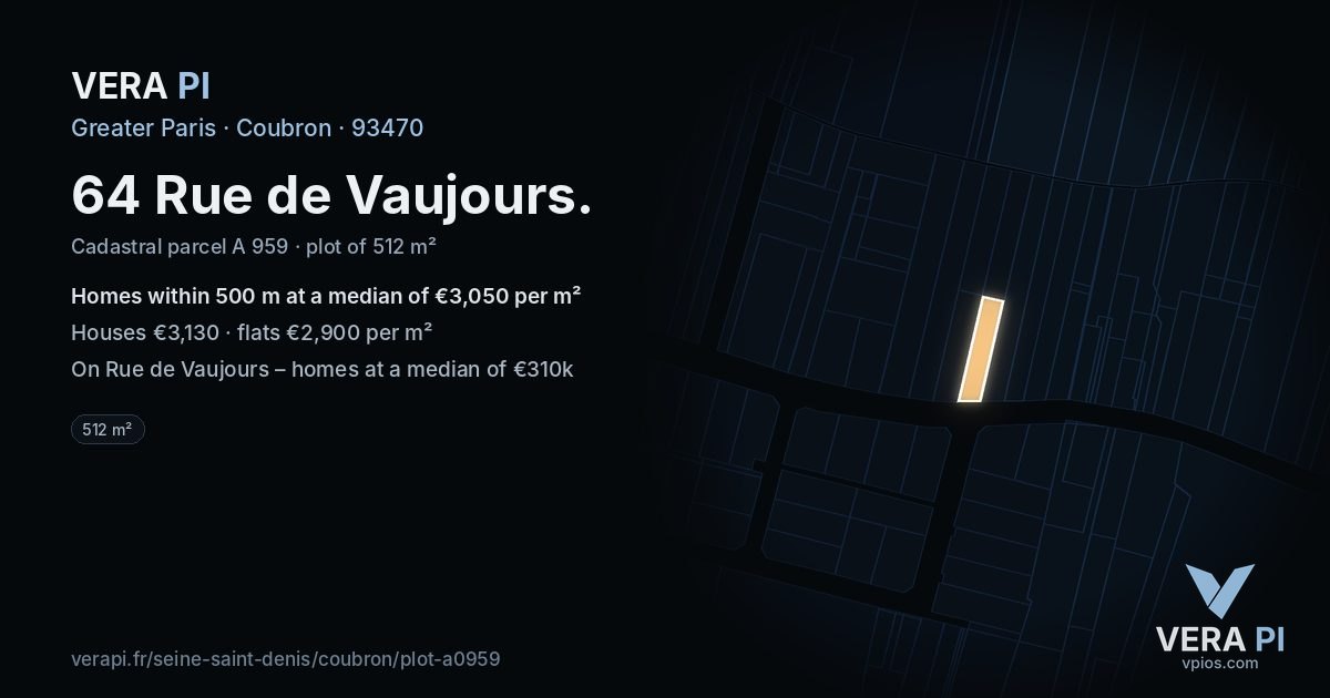 64 Rue de Vaujours, Coubron at night – the plot lit, the parcels around coloured by the prices near them