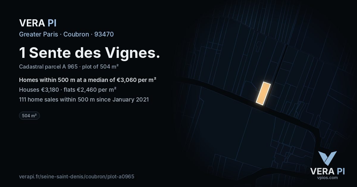 1 Sente des Vignes, Coubron at night – the plot lit, the parcels around coloured by the prices near them