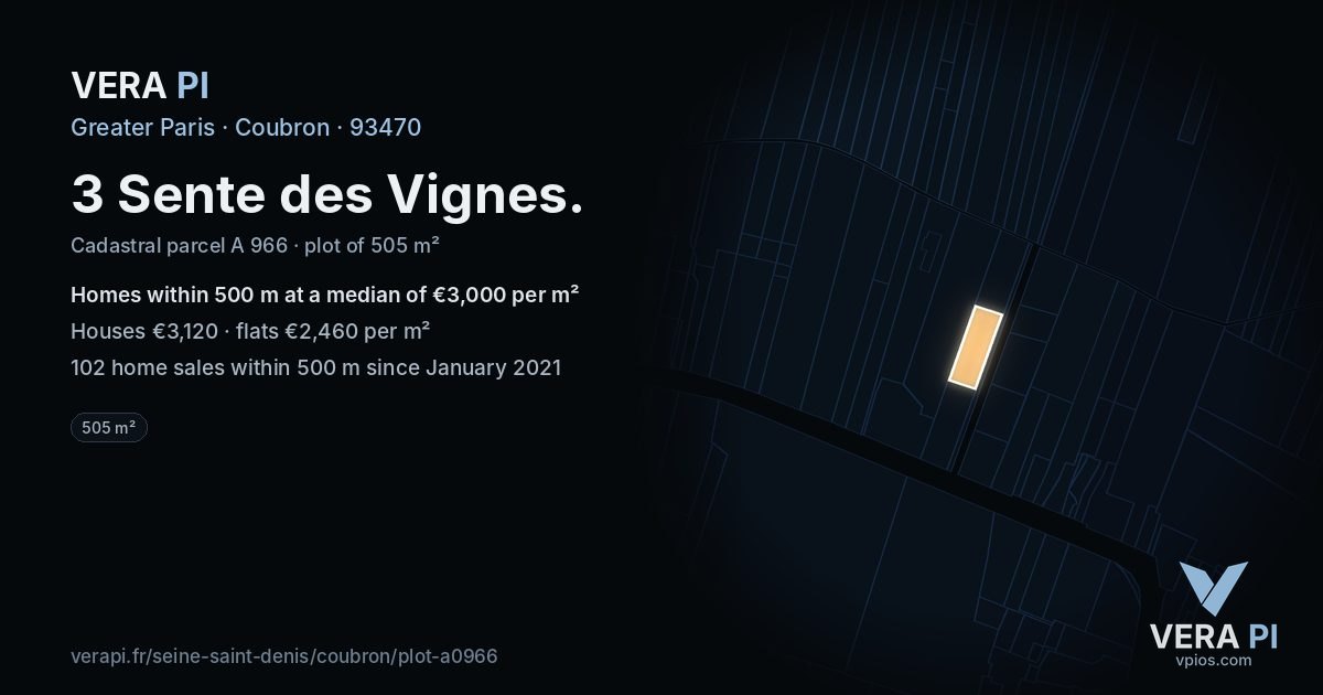 3 Sente des Vignes, Coubron at night – the plot lit, the parcels around coloured by the prices near them
