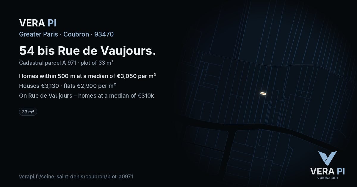 54 bis Rue de Vaujours, Coubron at night – the plot lit, the parcels around coloured by the prices near them