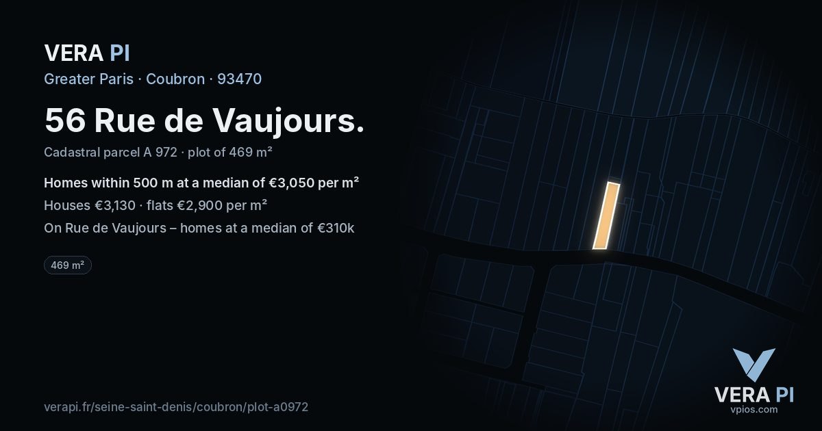 56 Rue de Vaujours, Coubron at night – the plot lit, the parcels around coloured by the prices near them