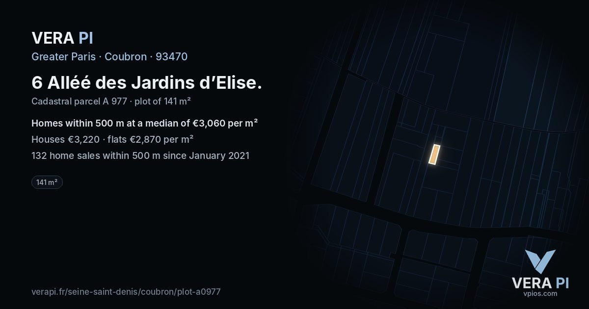 6 Alléé des Jardins d’Elise, Coubron at night – the plot lit, the parcels around coloured by the prices near them