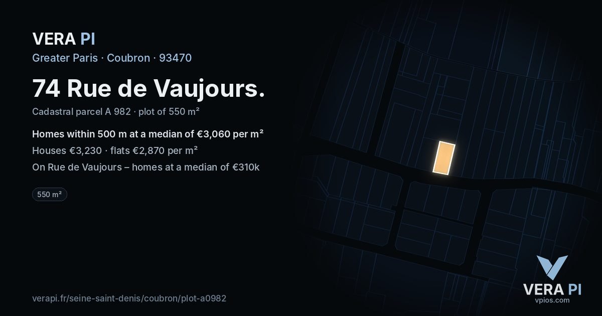 74 Rue de Vaujours, Coubron at night – the plot lit, the parcels around coloured by the prices near them